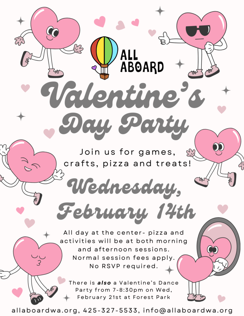 Valentine's Day Party on February 14th. Join us for games, crafts, pizza and treats! All day at the center- pizza and activities will be at both morning and afternoon sessions. Normal session fees apply. No RSVP required. There is also a Valentine’s Dance Party from 7-8:30pm on Wed, February 21st at Forest Park
